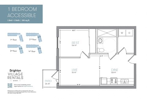 Floor plan for 1 bed, 1 bath, 581 sqft